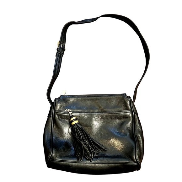 Vintage Tignanello Black Leather Crossbody Bag With Tassel & Multiple Compartmen - Picture 2 of 8
